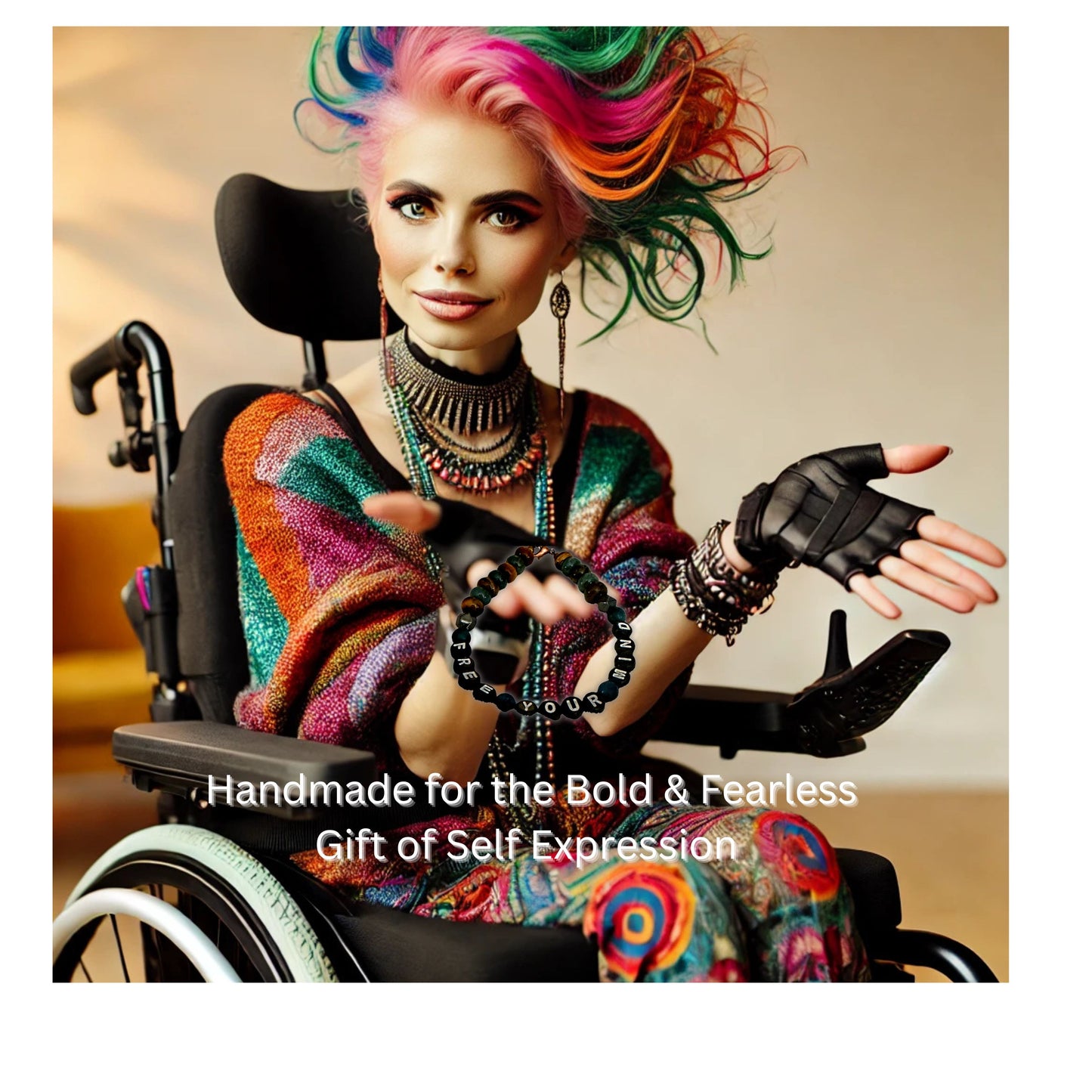 Artistic portrait holding Free Your Mind bracelet symbolizing bold self expression and individuality