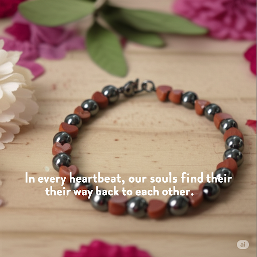 Bracelet with red and silver beads on a wooden surface with flowers