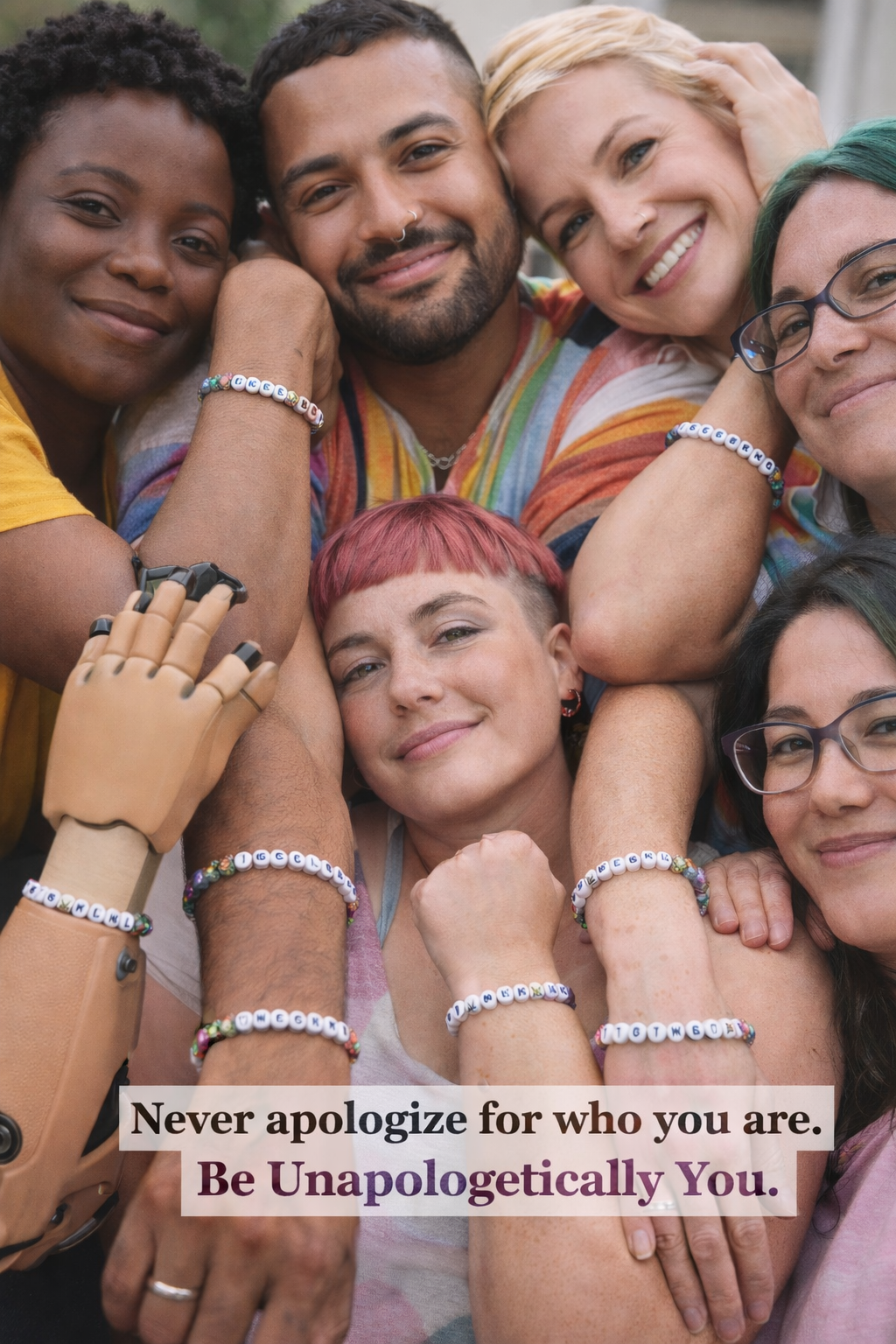 Diverse group of people wearing matching Unapologetically Me bracelets celebrating inclusion and self-expression.