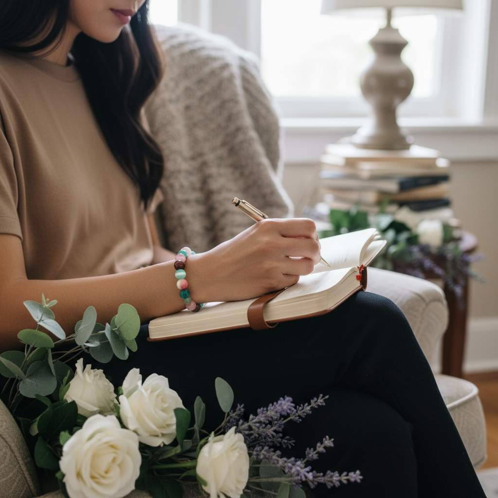 Lifestyle scene of a woman writing in a journal indoors with flowers nearby, styled to reflect calm, mindful living and everyday self-care.
