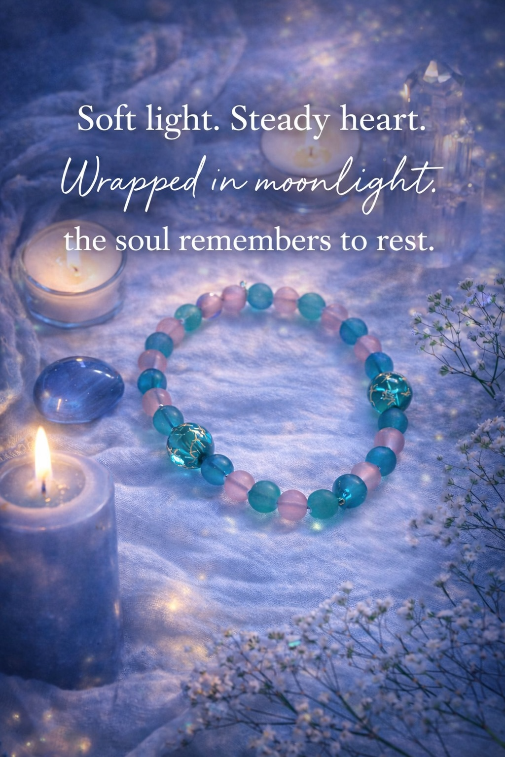 Teal and pink gemstone beaded bracelet styled in celestial flat lay with candles and soft blue fabric, spiritual handmade jewelry