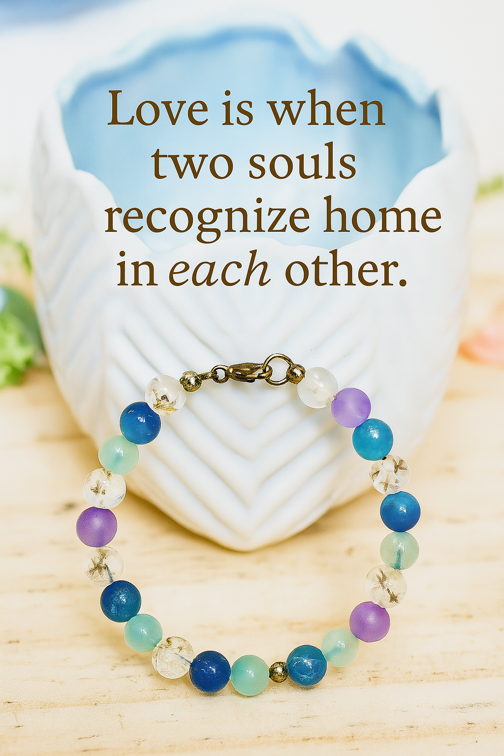 Celestial Opalite Sky bracelet displayed with an inspirational quote about two souls recognizing home in each other