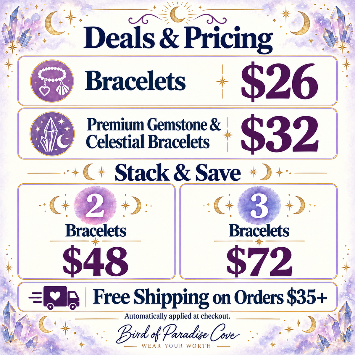 Bird of Paradise Cove celestial pricing: bracelets $26, premium gemstone and celestial bracelets $32, 2 bracelets $48, 3 bracelets $72, and free shipping on orders $35 or more.