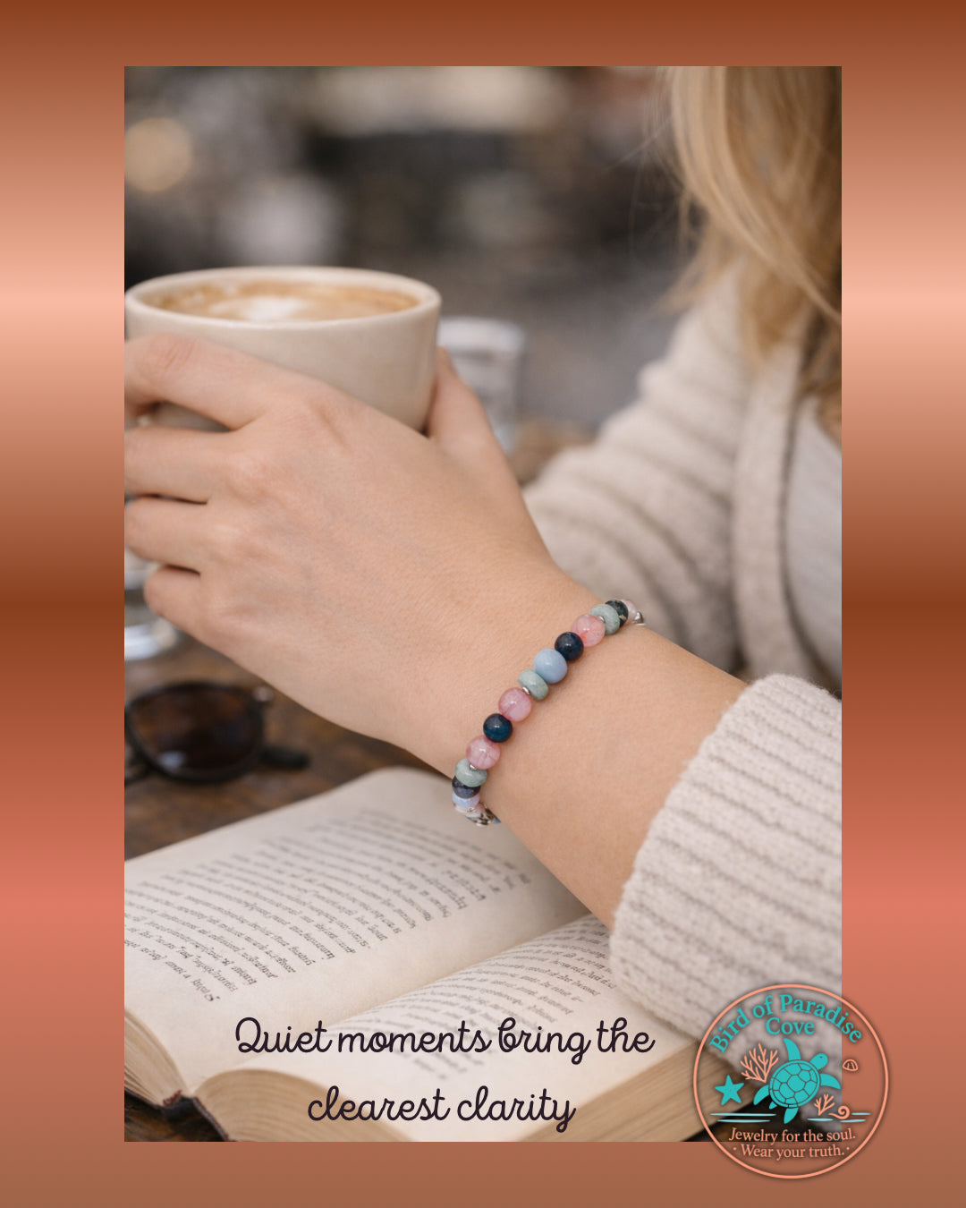 Woman wearing a handmade gemstone bracelet while holding a warm mug, cozy lifestyle jewelry photo