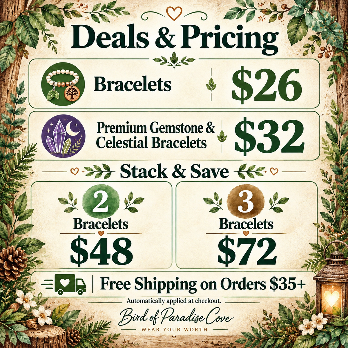 Bird of Paradise Cove woodland pricing: bracelets $26, premium gemstone and celestial bracelets $32, 2 bracelets $48, 3 bracelets $72, and free shipping on orders $35 or more.