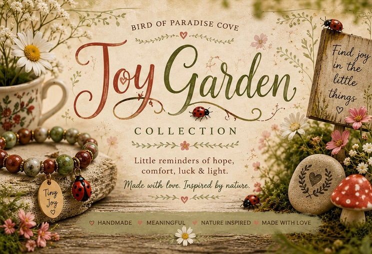 Whimsical floral jewelry collection banner featuring ladybug-inspired gemstone bracelets, wildflowers, cottagecore decor, and the text “Joy Garden Collection.