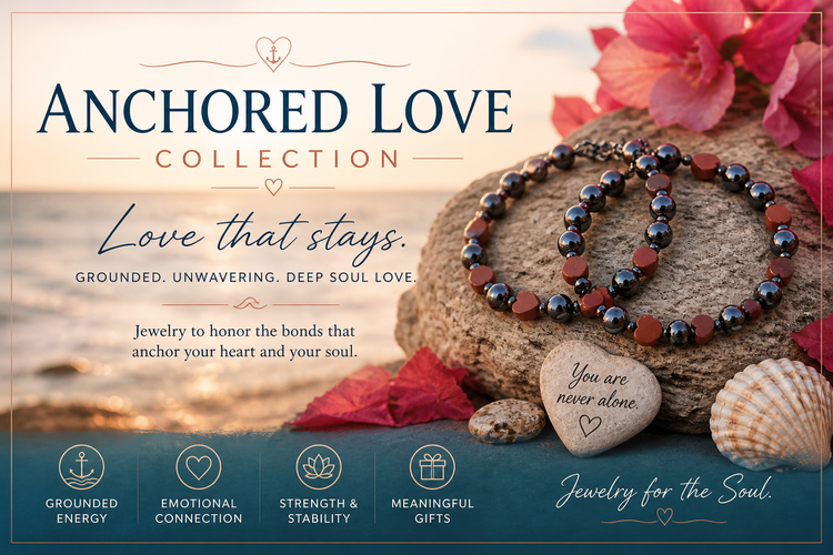 Coastal love-inspired jewelry collection banner featuring dark gemstone bracelets on beach rocks at sunset with shells, flowers, and the text “Anchored Love Collection.