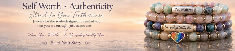 Pastel gemstone bracelet banner with rainbow heart charm against a soft beach sunset background featuring the text “Self Worth • Authenticity • Stand In Your Truth Collection.”