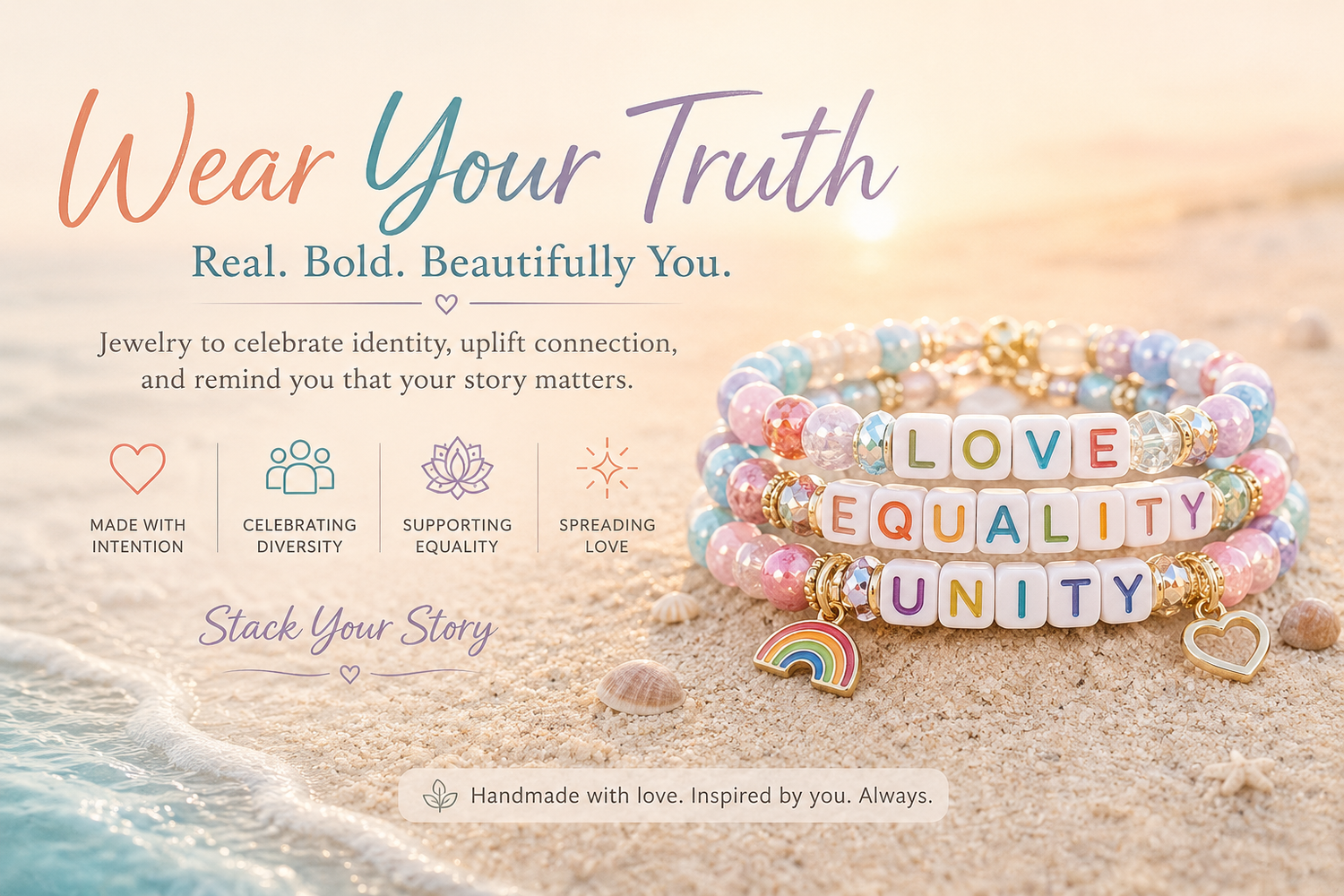 Pastel Pride bracelet banner featuring “LOVE,” “EQUALITY,” and “UNITY” beaded bracelets on a sandy beach background with soft ocean tones and the phrases “Wear Your Truth” and “Stack Your Story.”