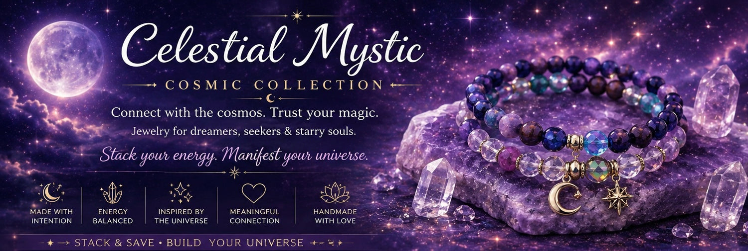 Purple celestial jewelry banner featuring gemstone moon and star charm bracelets displayed on amethyst crystals beneath a glowing moon and galaxy sky with the text “Celestial Mystic • Cosmic Collection.”