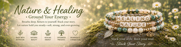 Nature-inspired jewelry banner with green and neutral gemstone bracelets on moss-covered stones surrounded by flowers and soft forest lighting with the text “Nature & Healing • Ground Your Energy.”