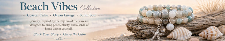 Coastal jewelry collection banner featuring pale blue and sandy gemstone bracelets on driftwood beside seashells and ocean waves with soft beach sunset tones and the text “Beach Vibes Collection.”
