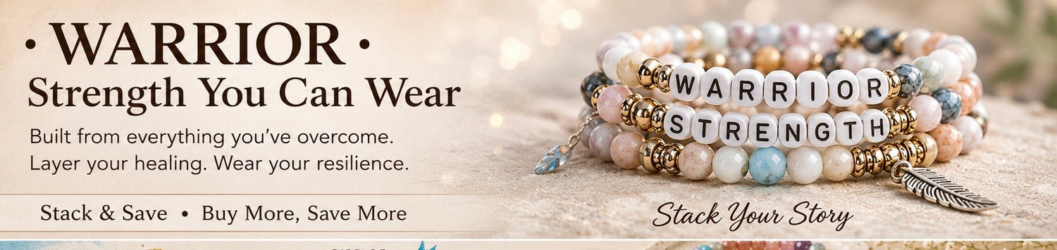 Neutral gemstone bracelet banner featuring stacked “STRENGTH” and “WARRIOR” letter bead bracelets with gold accents and feather charms beside the text “Warrior • Strength You Can Wear.”