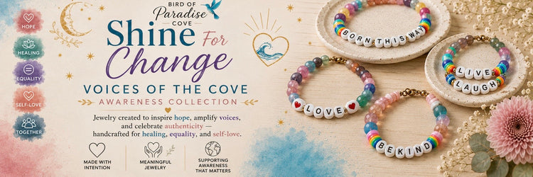Awareness jewelry collection banner featuring colorful handmade word bracelets with pastel watercolor graphics and the text “Shine For Change • Voices of the Cove Awareness Collection.