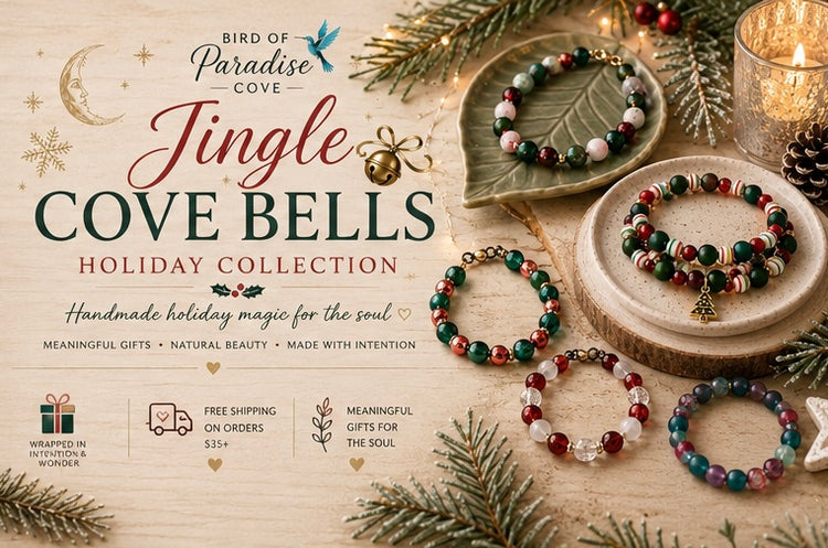 Holiday bracelet collection banner featuring festive red and green gemstone bracelets, winter greenery, candles, and the text “Jingle Cove Bells Holiday Collection.”