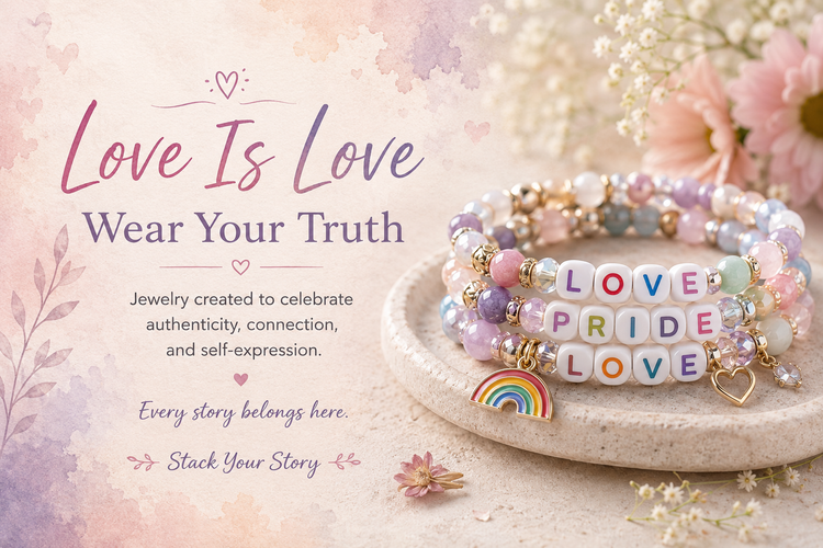 Pastel Pride jewelry banner with pink, lavender, and rainbow gemstone bracelets displaying “LOVE” and “PRIDE” letter beads beside soft florals and watercolor textures with the text “Love Is Love • Wear Your Truth.”