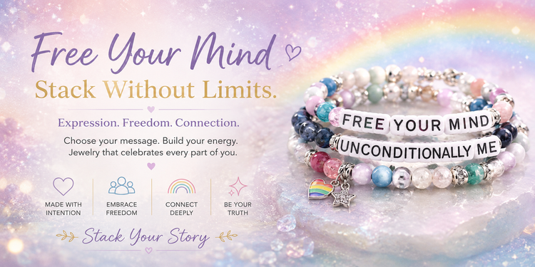 Pastel gemstone bracelet banner featuring “FREE YOUR MIND” and “UNCONDITIONALLY ME” letter bead bracelets against a soft rainbow and sparkling lavender background with the text “Free Your Mind • Stack Without Limits.”
