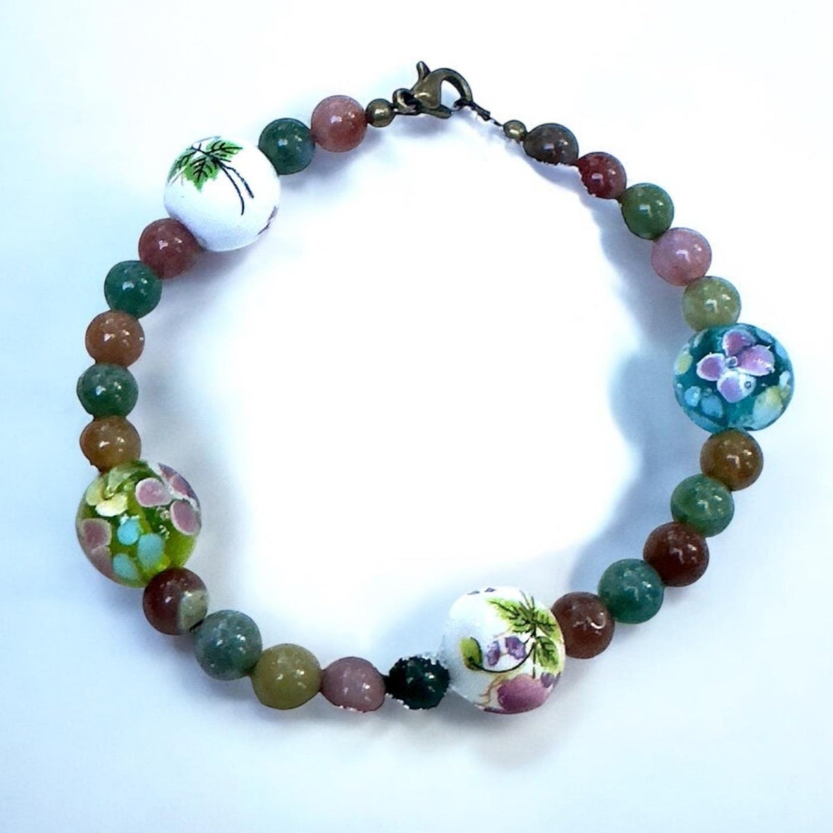 Forest Soul in Bloom • Agate, Glass & Porcelain Floral Bracelet