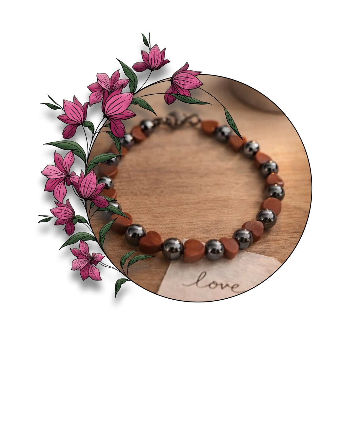 Quiet Heart bracelet on wood with a soft candle glow and sentiment reading love without needing words
