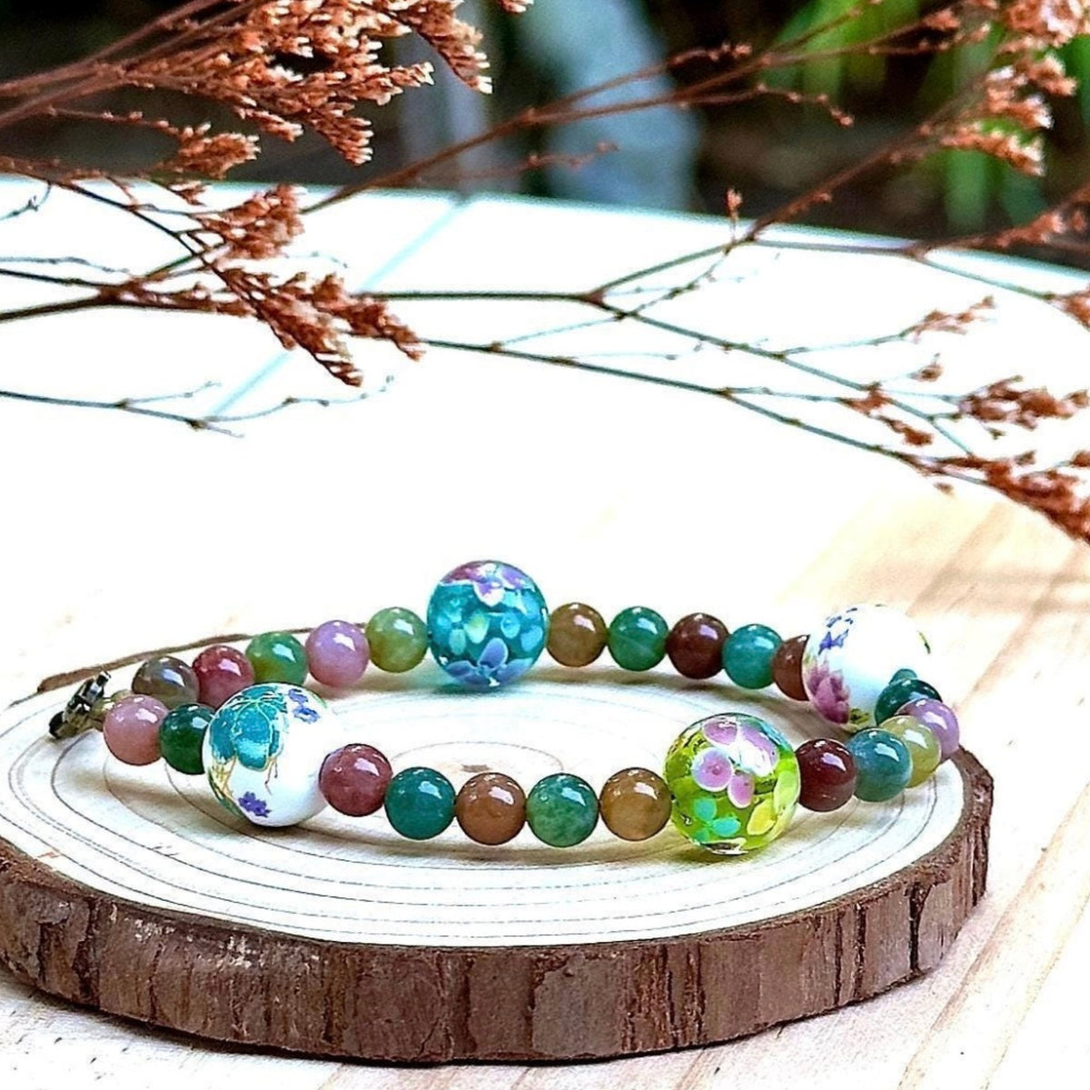 Forest Soul in Bloom • Agate, Glass & Porcelain Floral Bracelet