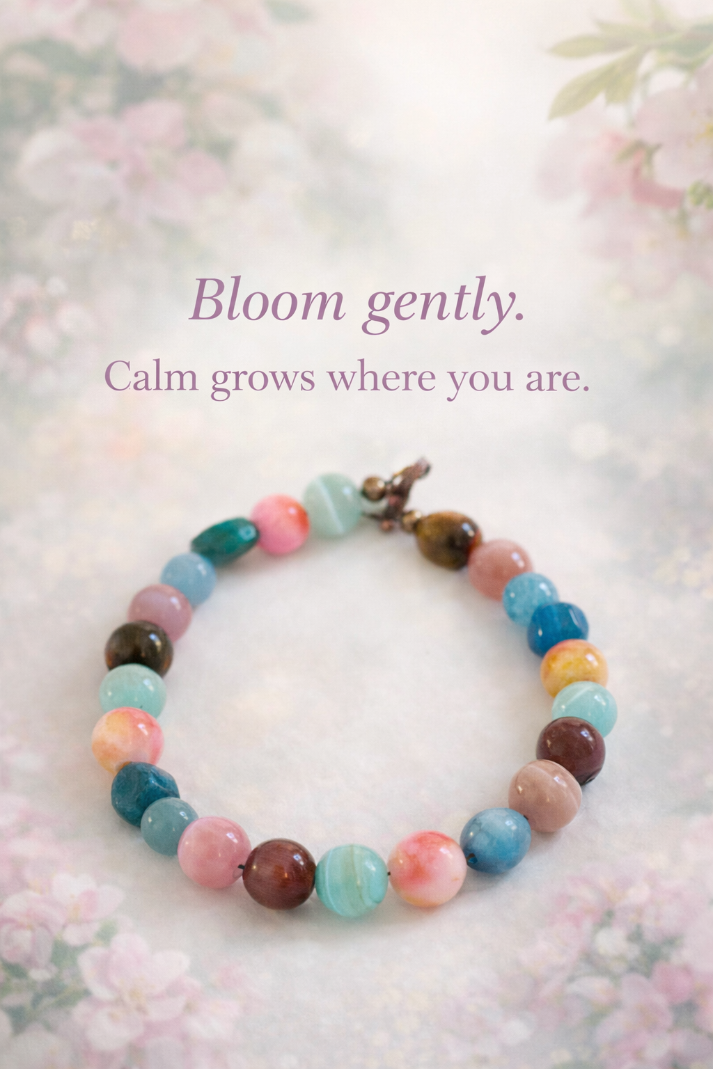 Spring-inspired quote card reading “Bloom gently. Calm grows where you are,” paired with a colorful handmade gemstone bracelet on a soft floral background.