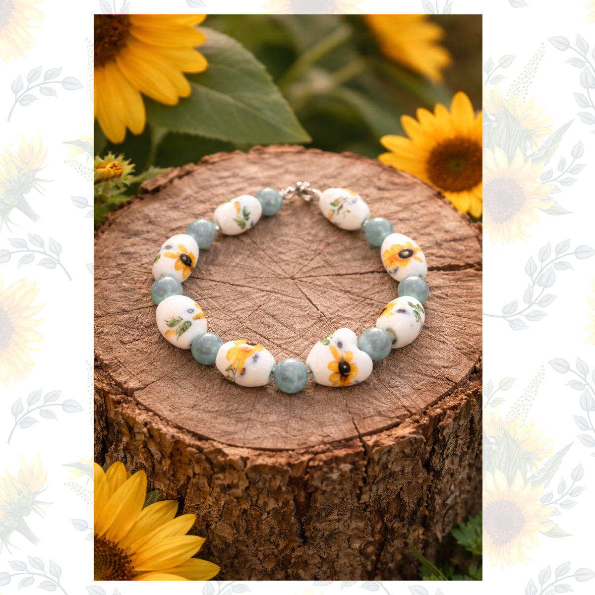 Sunflower inspired beaded bracelet displayed on natural wood, cheerful yellow and teal color palette