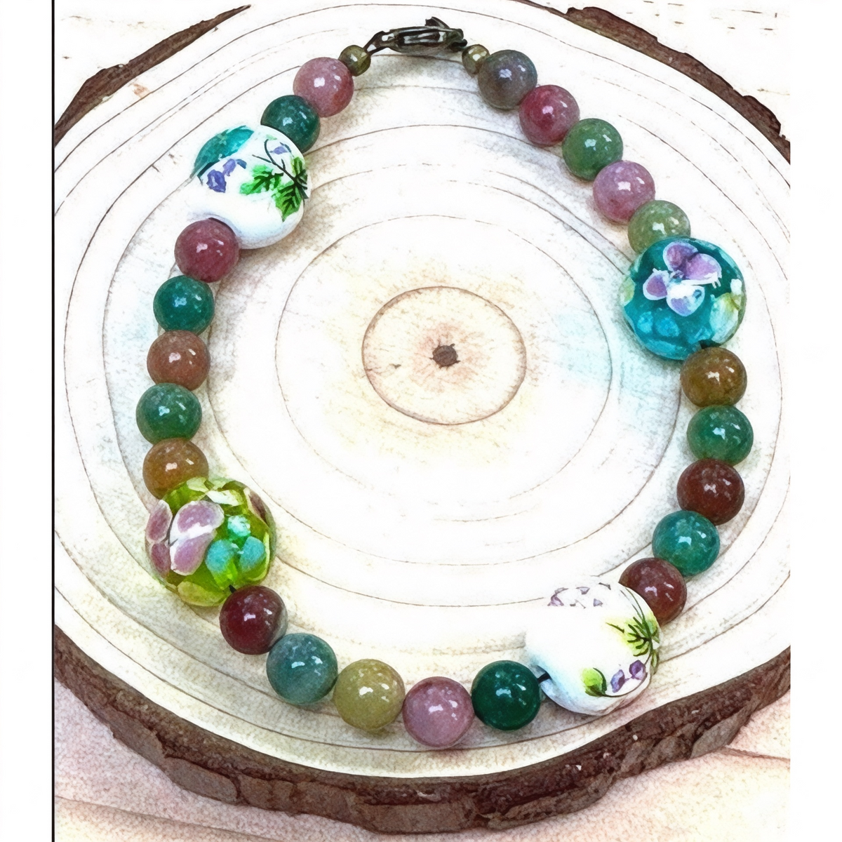 Forest Soul in Bloom • Agate, Glass & Porcelain Floral Bracelet
