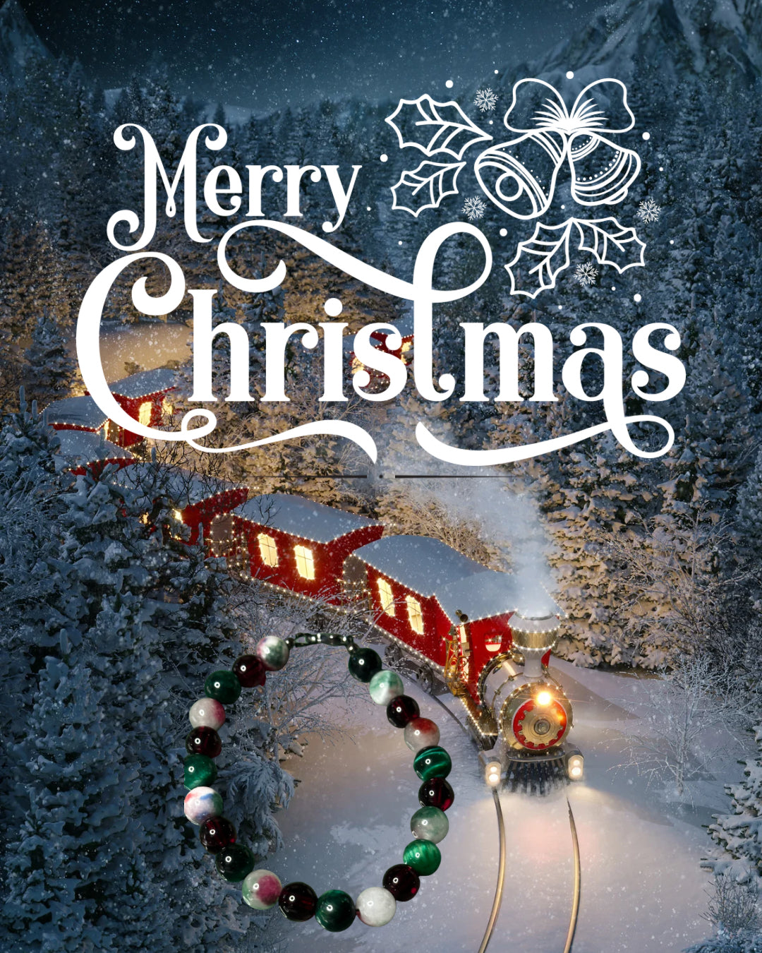 Christmas Eve gemstone bracelet over a snowy holiday train scene with Merry Christmas lettering, evoking warmth, magic, and seasonal charm.
