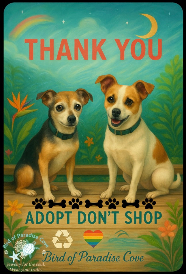 Illustrated image of rescue dogs with “Adopt “Adopt Don’t Shop” message, representing animal adoption awareness and gratitude for rescue pets.
