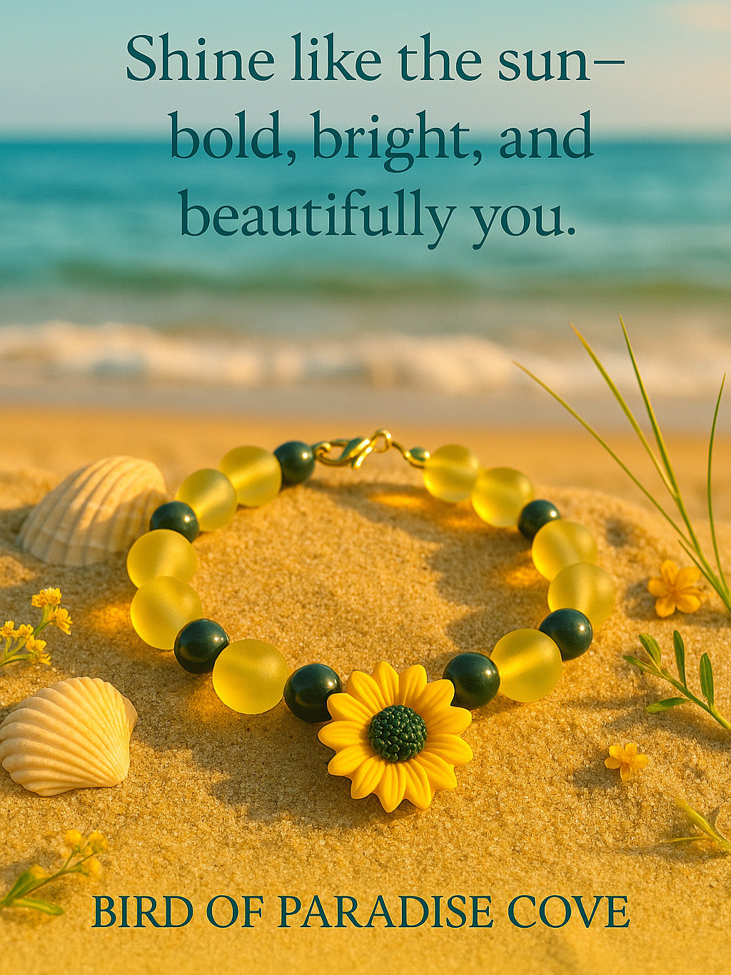Sunflower bracelet displayed on soft sand with sunflowers nearby, representing optimism, resilience, and gentle strength.