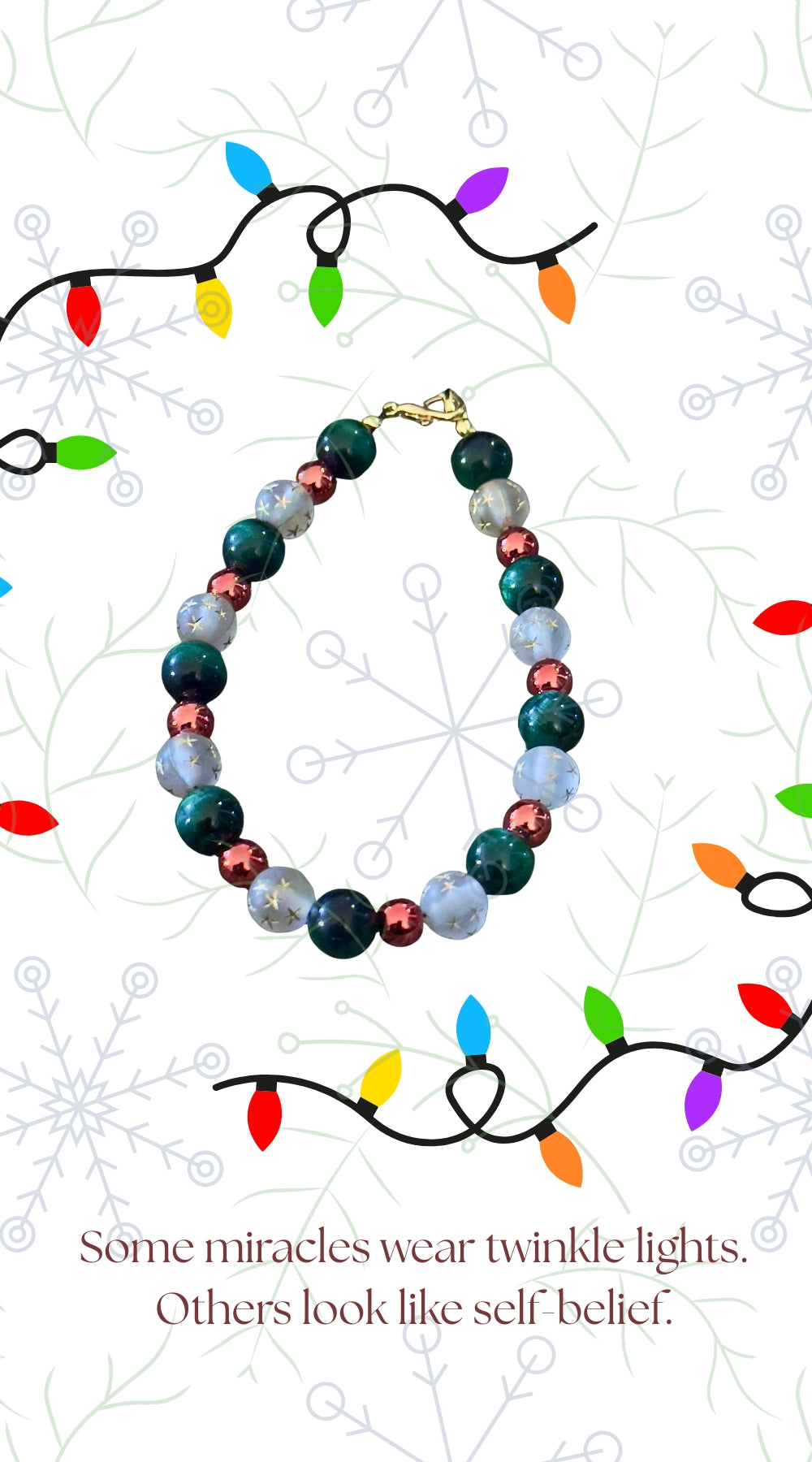 Christmas gemstone bracelet styled with playful holiday lights and snowflake patterns on a white background.