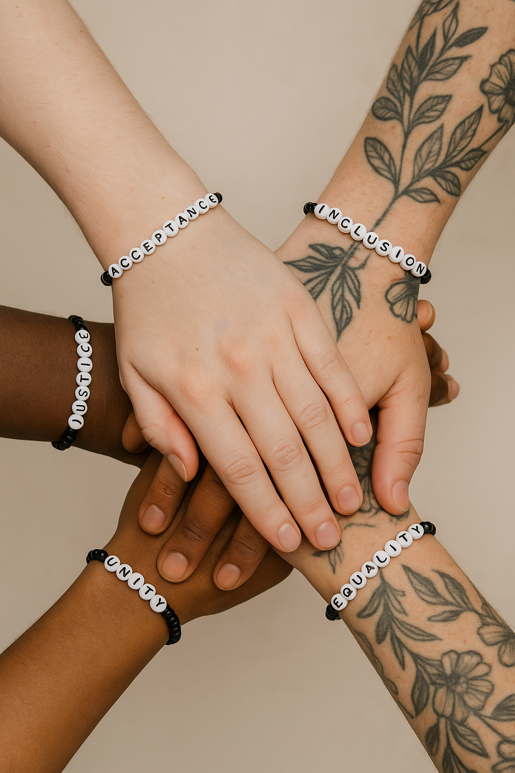 Diverse group wearing message bracelets celebrating acceptance inclusion and self expression
