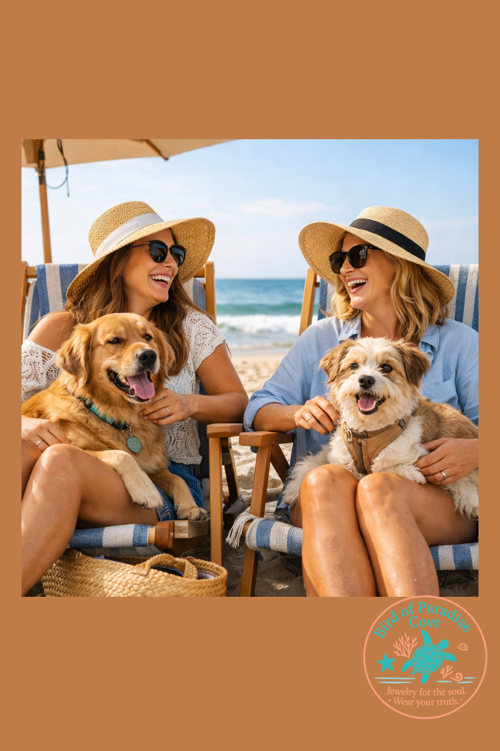 Two women relaxing by the beach wearing summer outfits, representing friendship, connection, and carefree coastal moments.