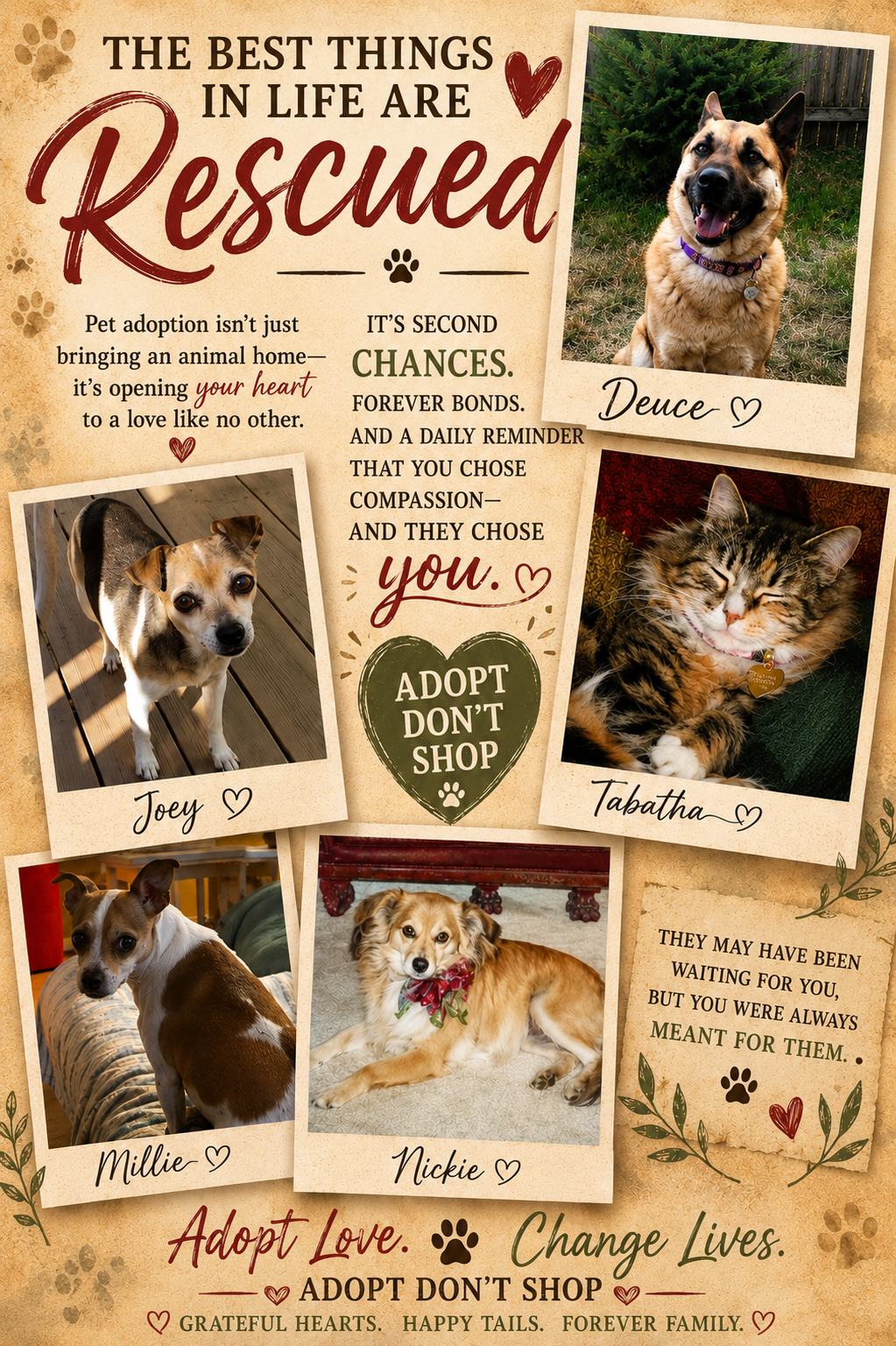 Pet adoption awareness graphic featuring rescue pets and the message Adopt Don’t Shop, celebrating second chances and forever homes.
