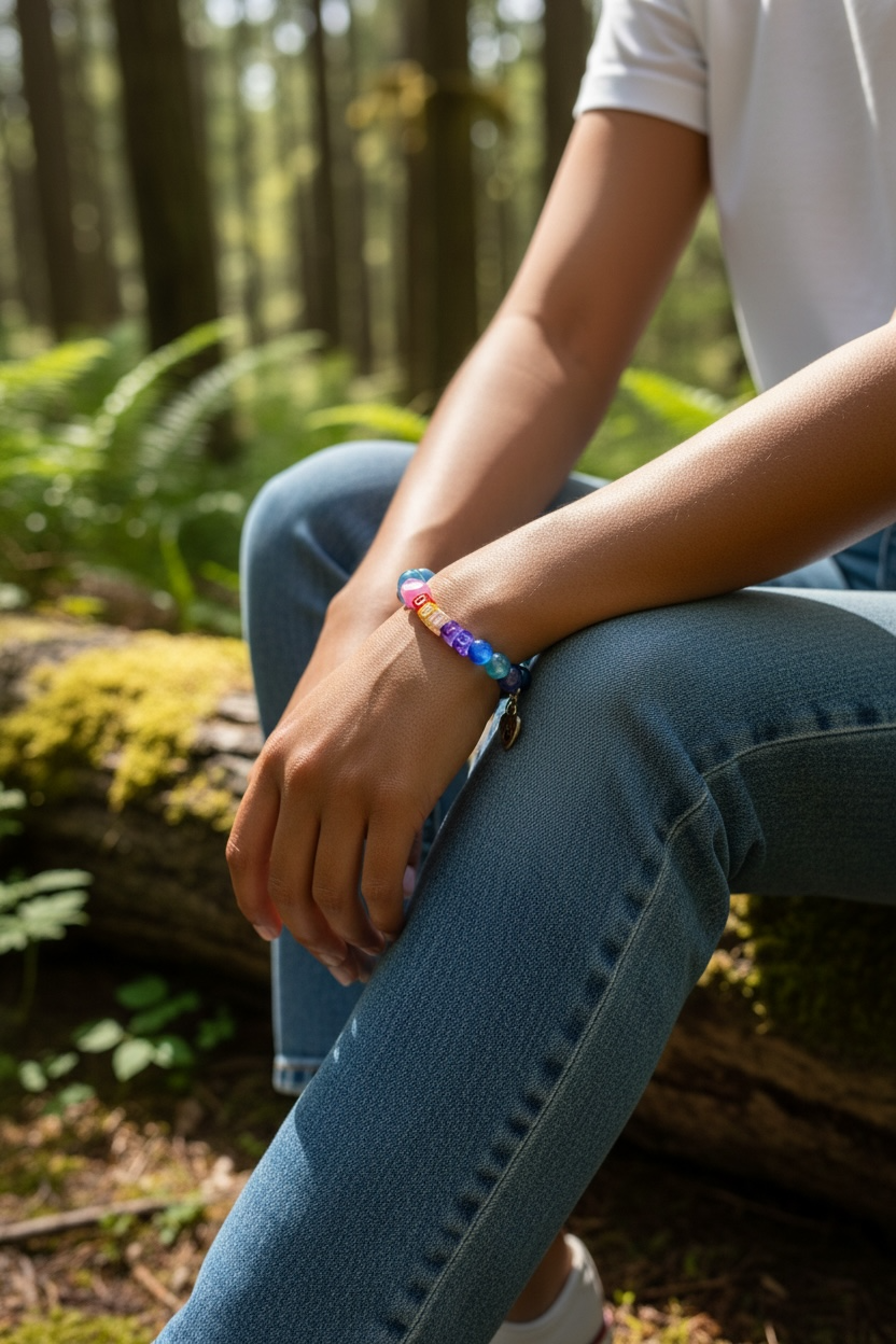Person wearing the Adopt Don’t Shop bracelet on their wrist, showcasing the bracelet’s fit and colorful design.