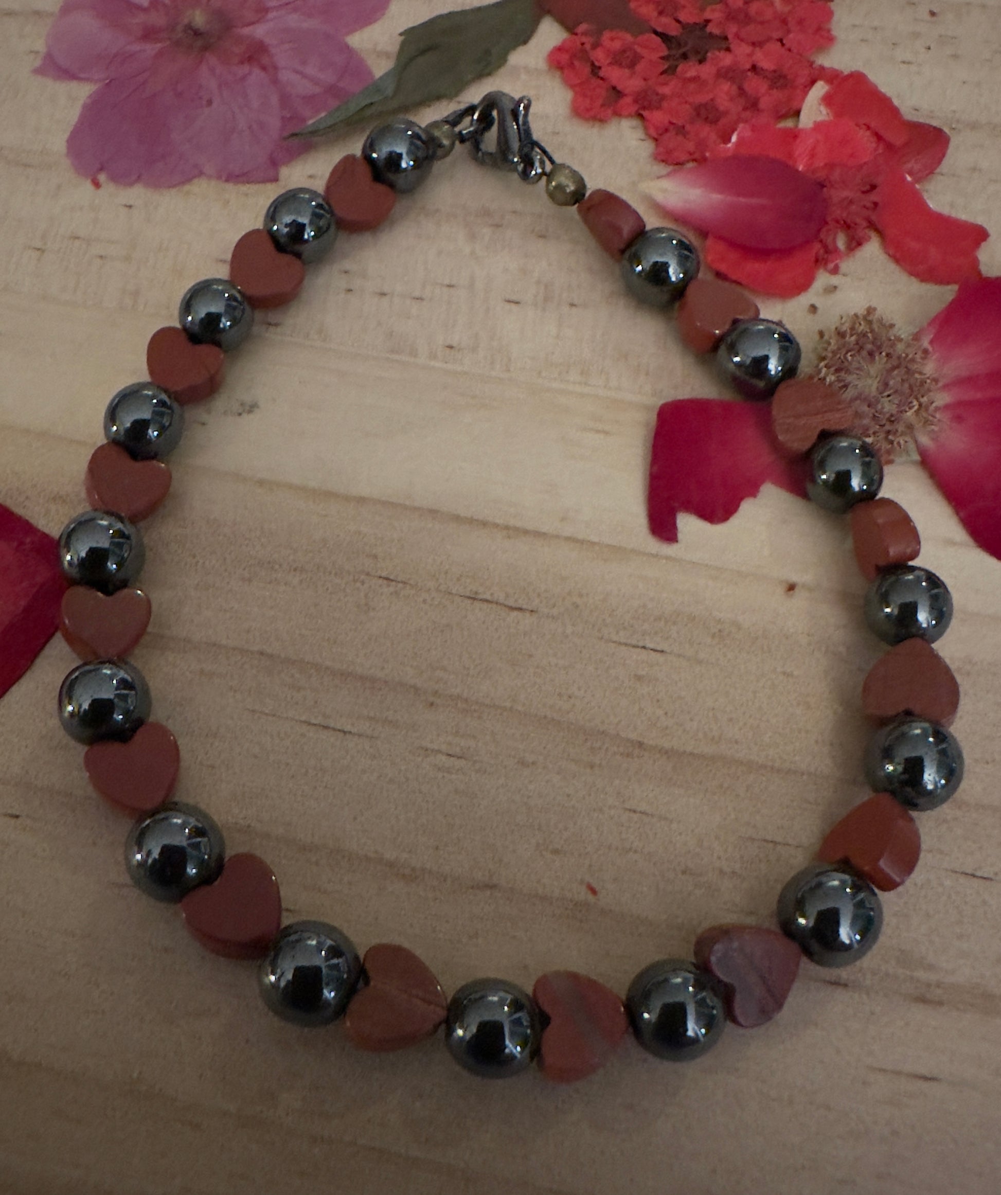 Minimalist hematite and heart bead bracelet for everyday wear