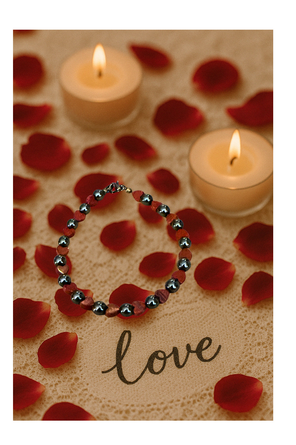 Romantic heart bracelet with candles and rose petals for love and connection