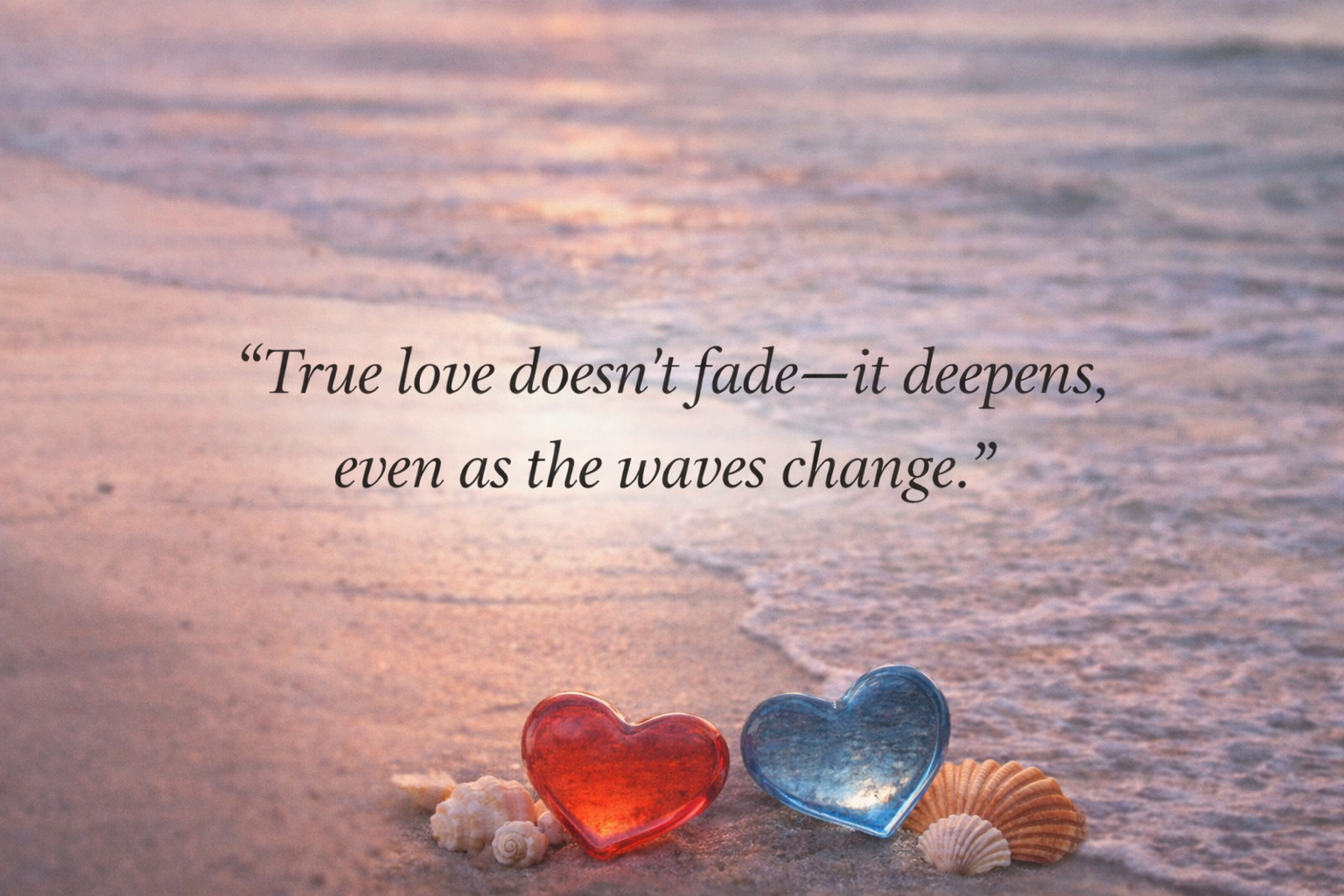 Ocean sunset with heart stones and quote about love that deepens over time