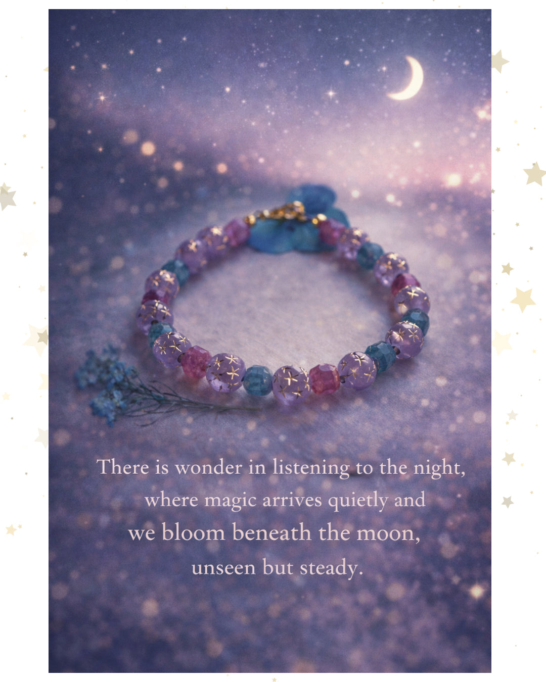 Inspirational quote graphic with Aurora Goddess celestial bracelet aesthetic