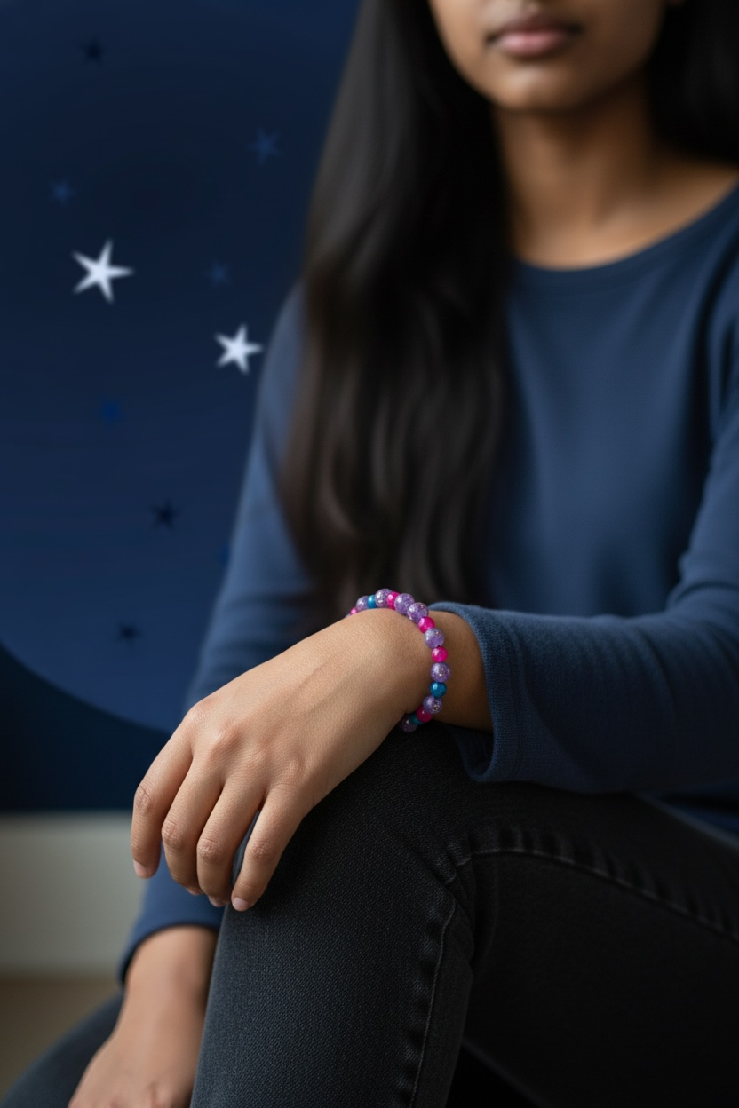 Woman wearing Aurora Goddess pink purple and blue gemstone bracelet