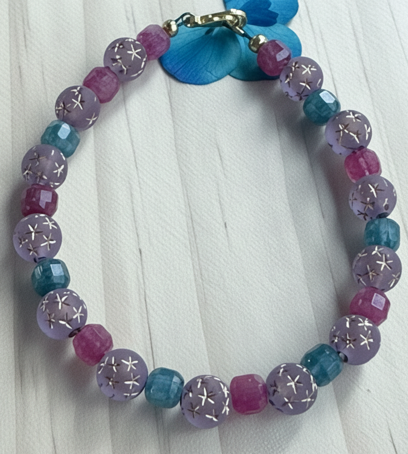 Galaxy gemstone bracelet with amethyst pink jade and blue agate beads