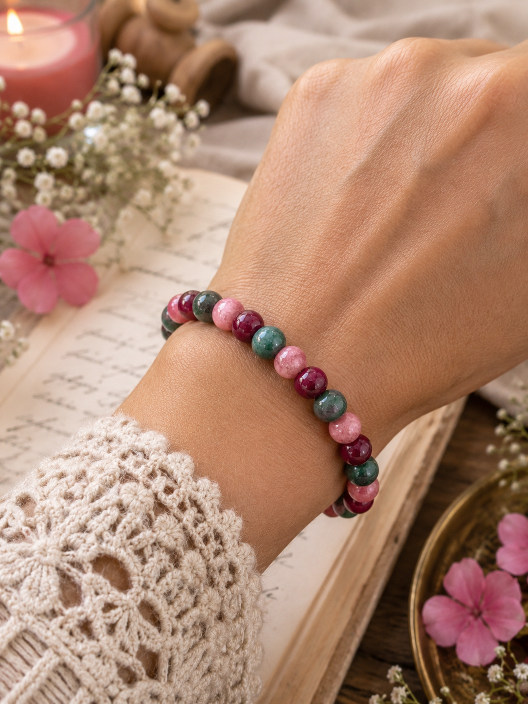 Woman wearing the Between The Waves bracelet featuring pink, berry, and teal gemstone beads in a soft floral lifestyle setting.