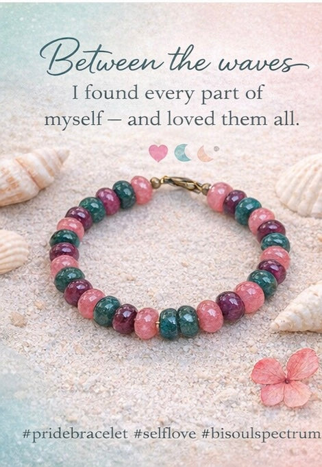 Handmade gemstone bracelet styled on a vintage journal with flowers and soft coastal-inspired décor, representing calm and new beginnings.