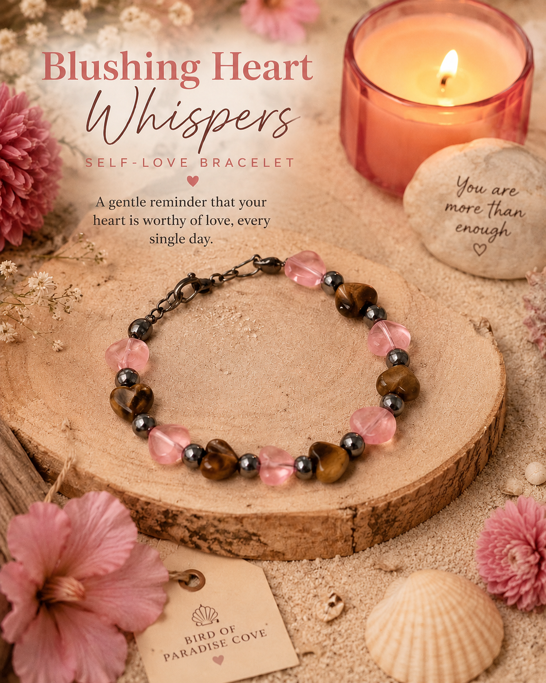 Inspirational self-love quote graphic featuring Blushing Heart Whispers bracelet.
