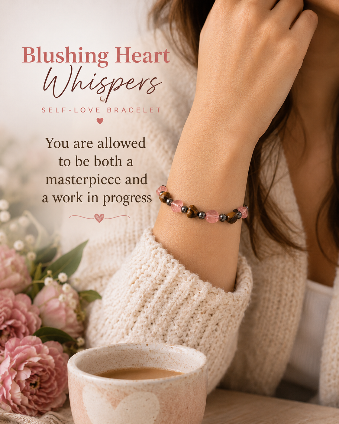 Woman wearing Blushing Heart
Whispers bracelet with rose quartz hearts and tiger's eye gemstones.