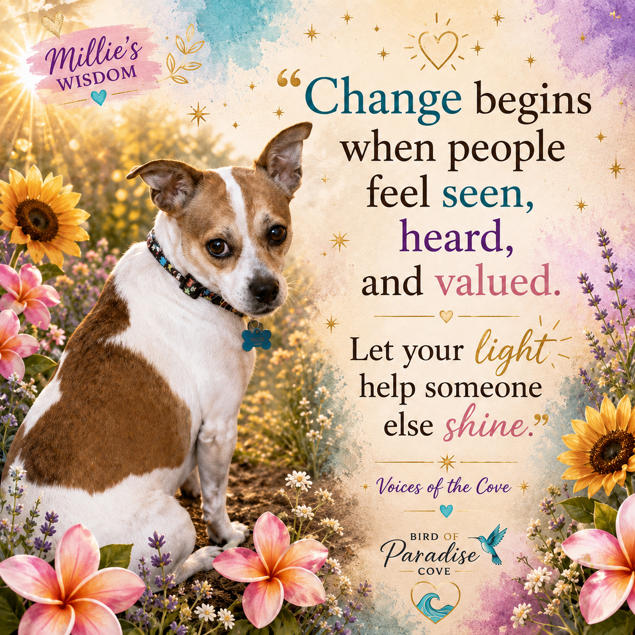 Millie’s Wisdom inspirational quote card about belonging, acceptance, and helping others shine.