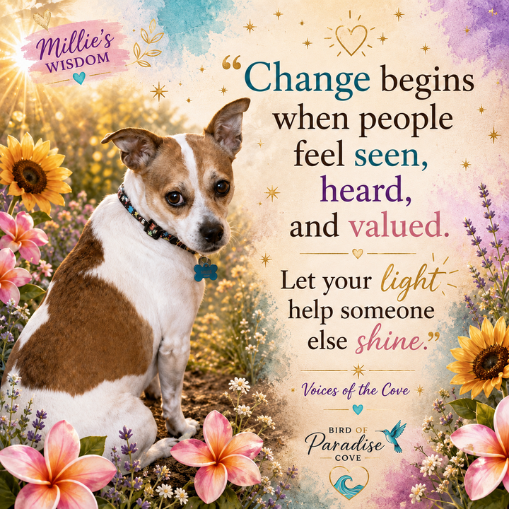 Millie’s Wisdom inspirational quote card about belonging, acceptance, and helping others shine.
