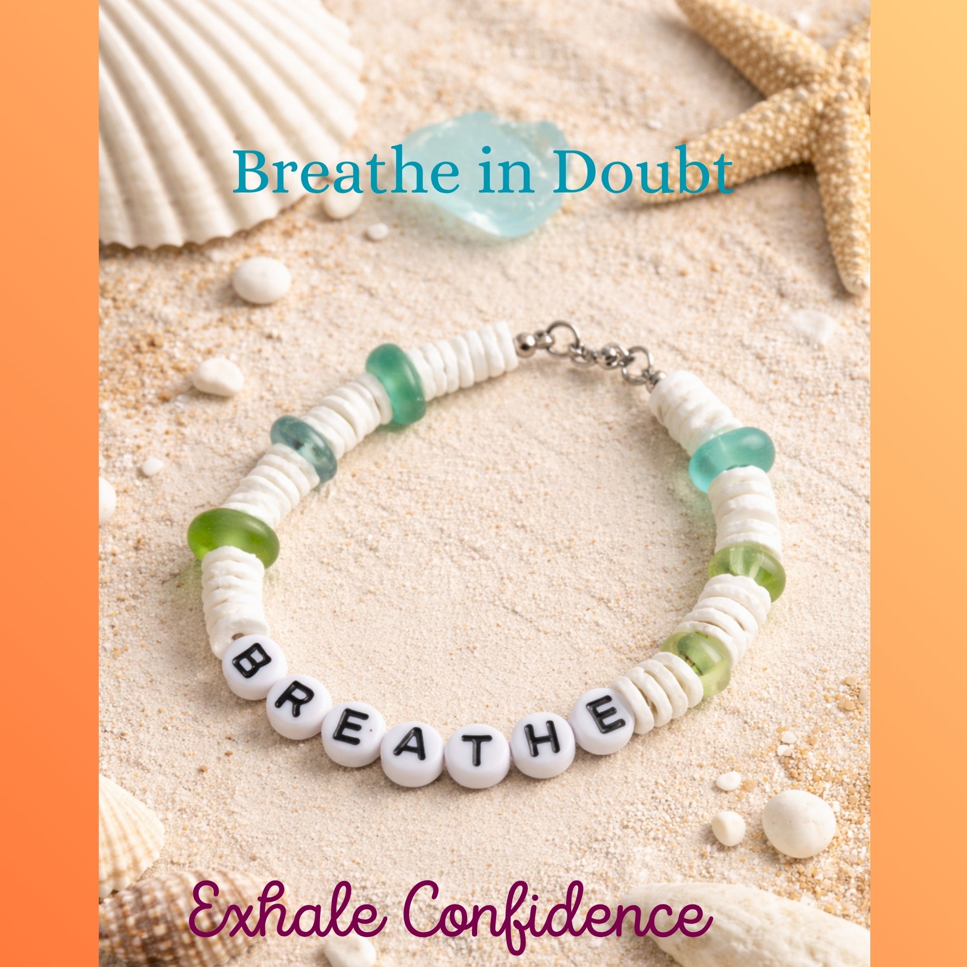 Bracelet with motivational message on sand with seashells and starfish