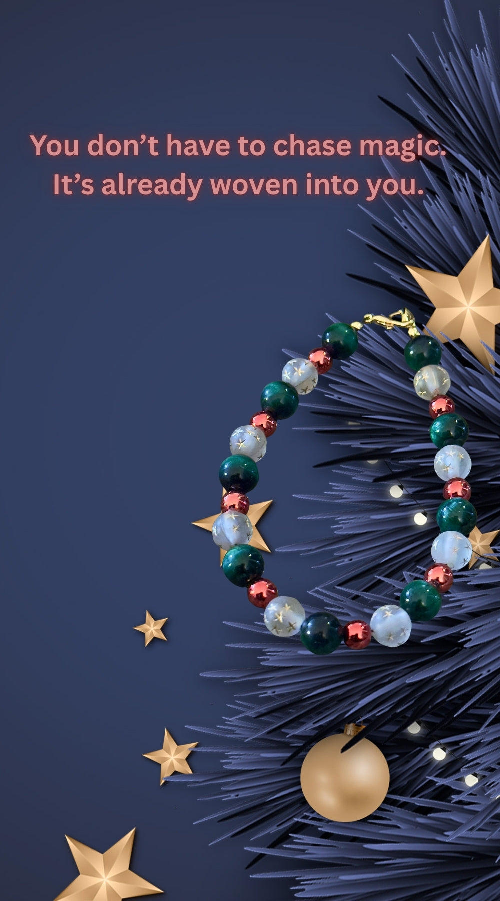 Festive Christmas bracelet styled on a deep blue holiday background with evergreen branches, gold stars, and cozy seasonal lighting.