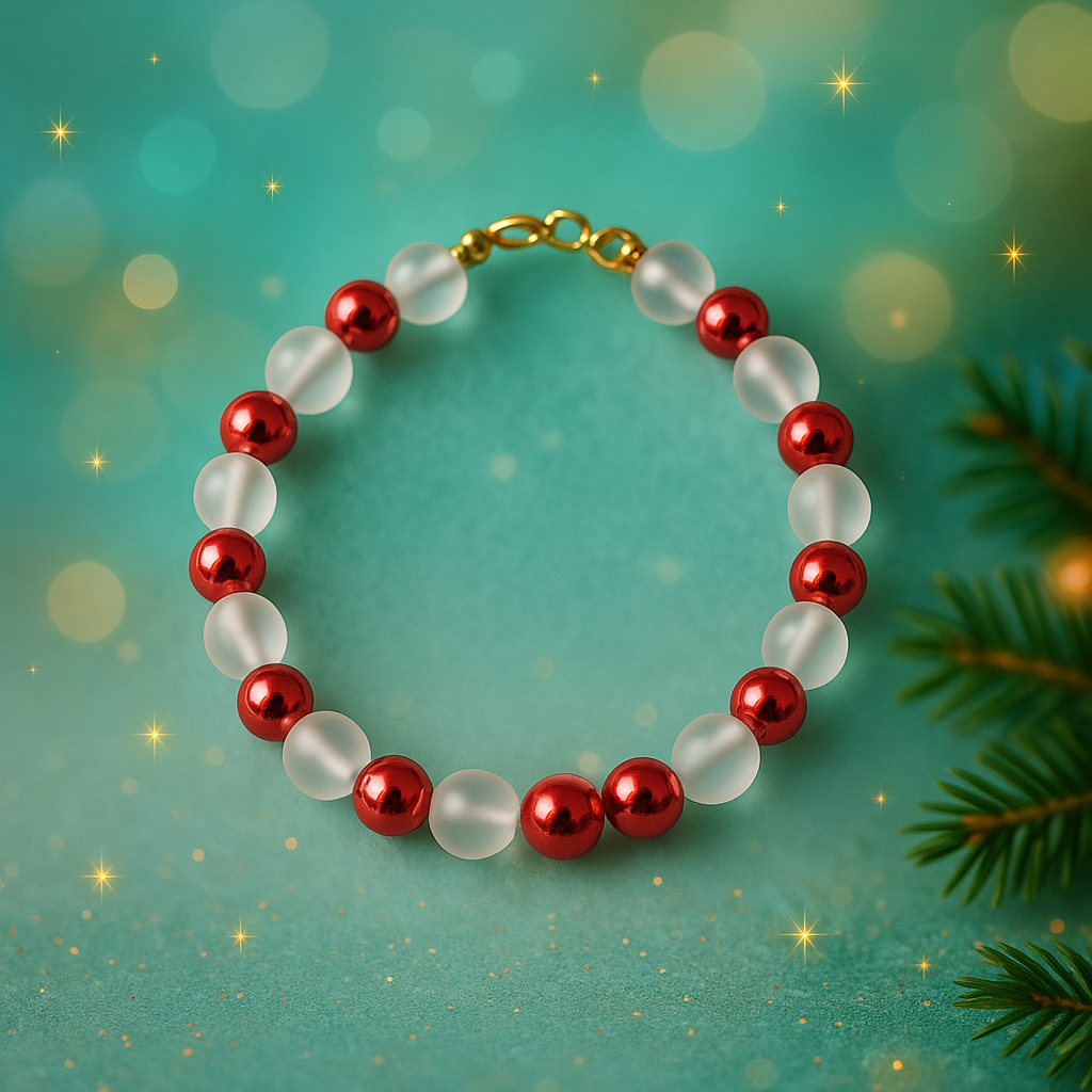 Blush glass bead bracelet photographed on a teal, softly glowing background with a dreamy, peaceful festive mood.
